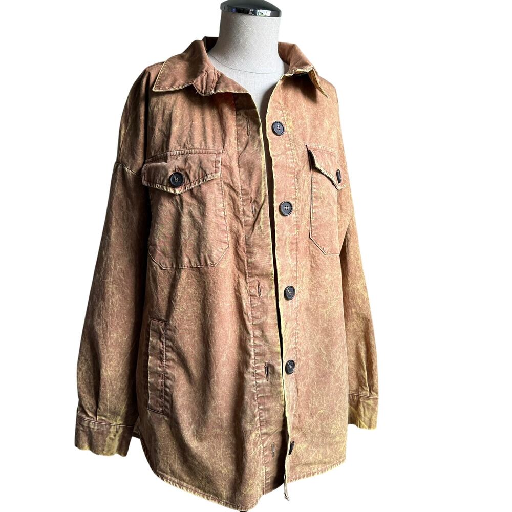 Zenana 100% Cotton Button Up Shacket Brown Utility Pockets Women’s Small